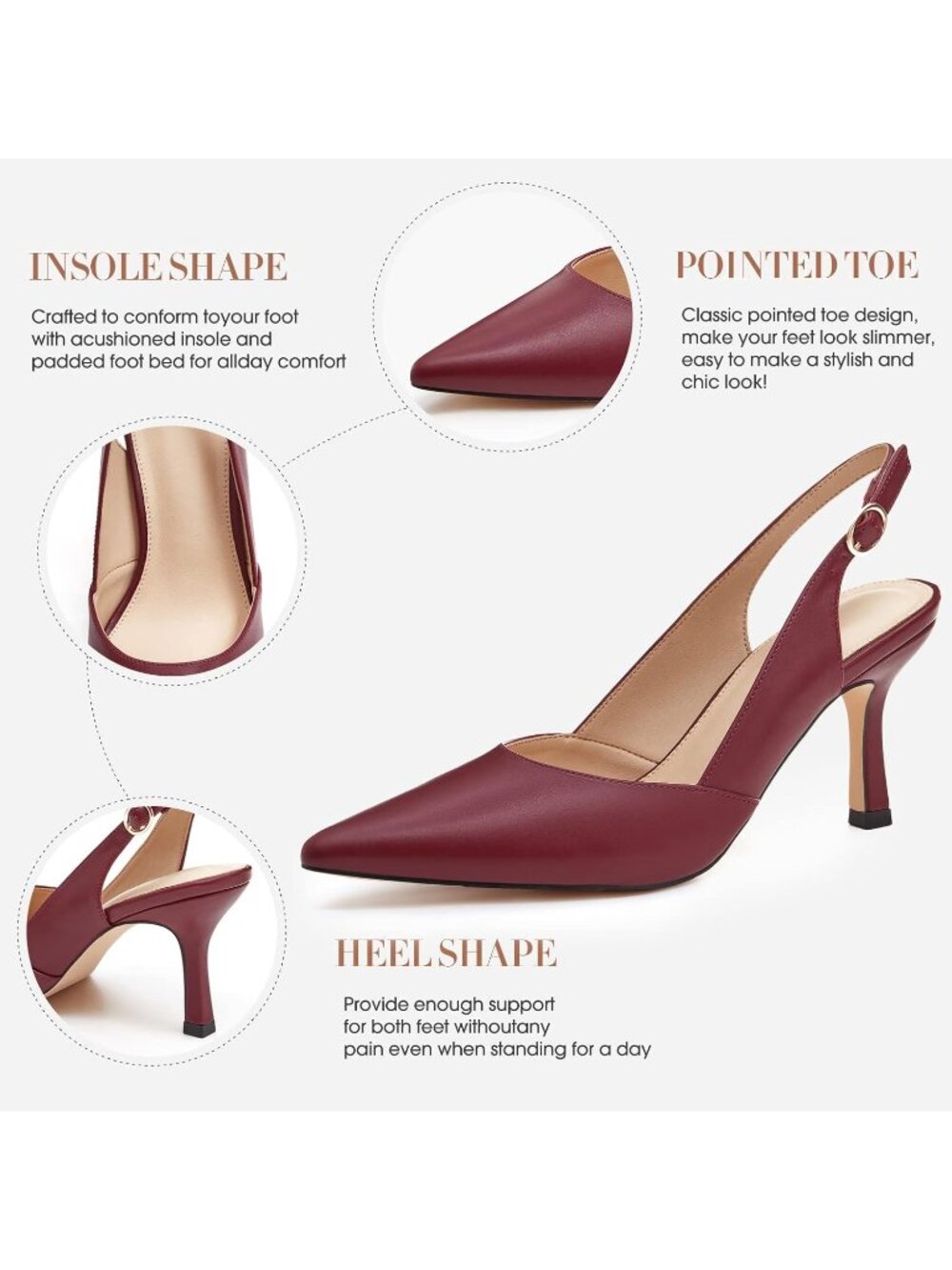 Women's Red Pu Slingback Kitten Heels Closed Pointed Toe Backless Pumps Shoes - Picture 5 of 6